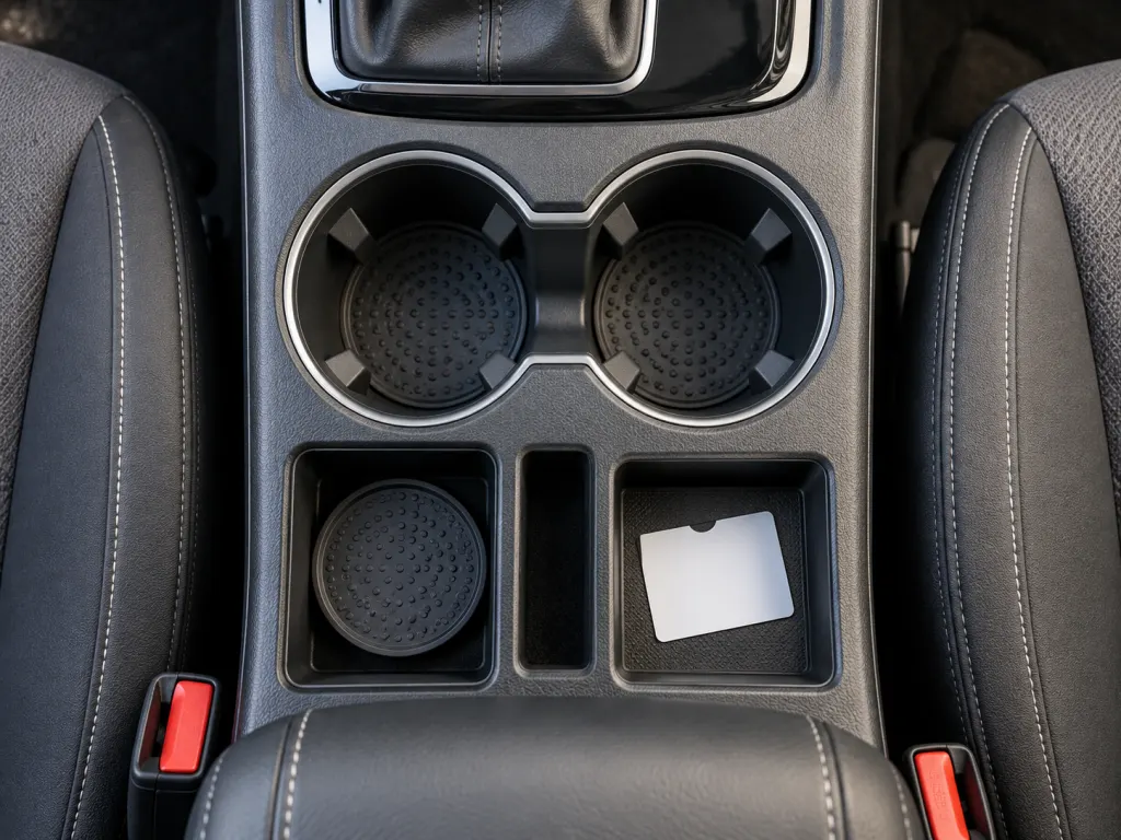 Overhead view of an uncluttered cup-holder insert and narrow console slot.