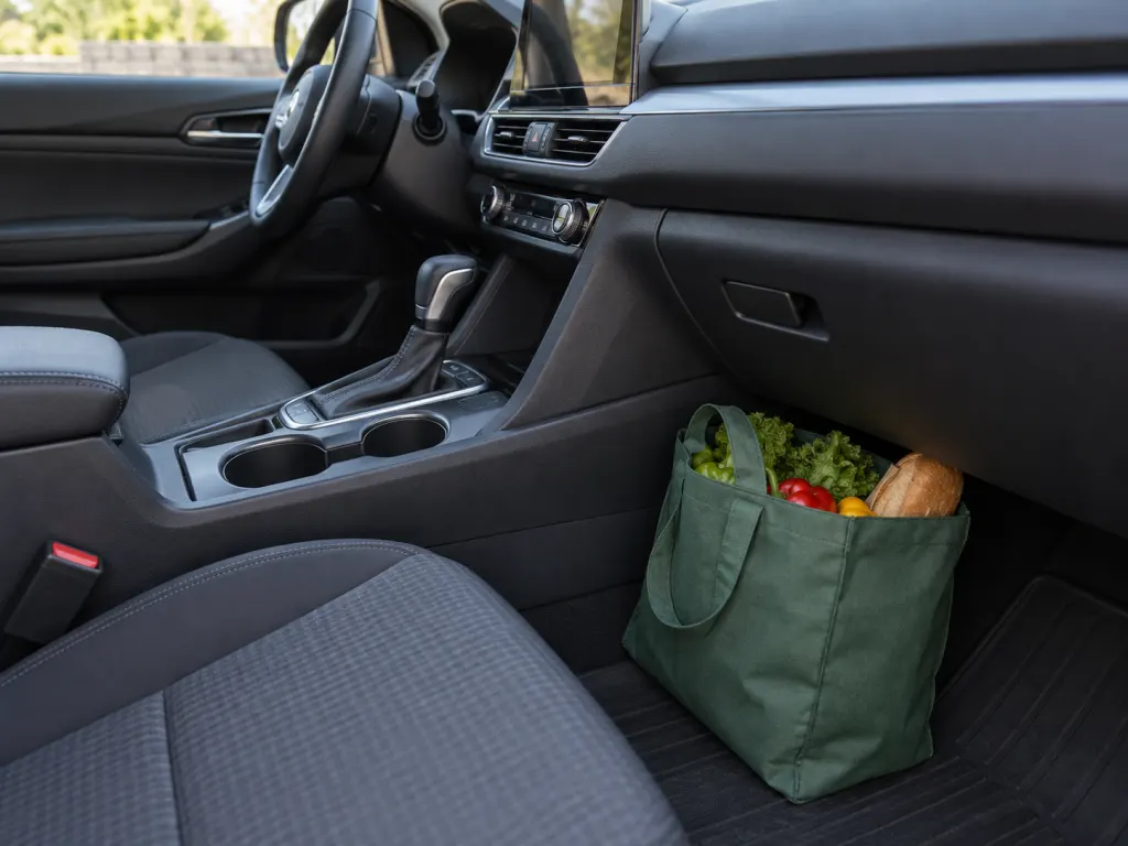 Light shopping bag positioned low and stable near a car center console.