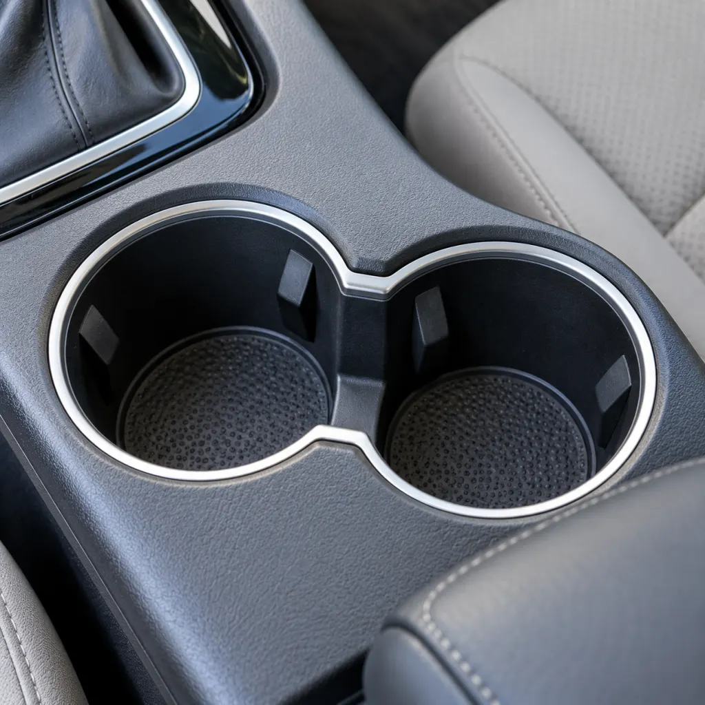 Close-up of two car cup holders with a narrow gap between them.