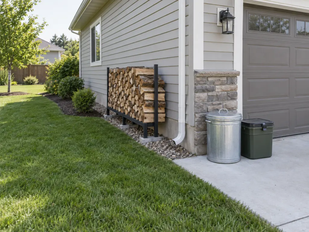 A tidy yard and garage edge with reduced hiding places near the house.