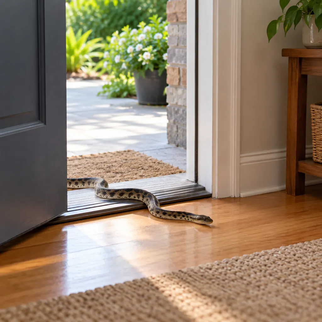 A snake near a home doorway seen from a safe distance.