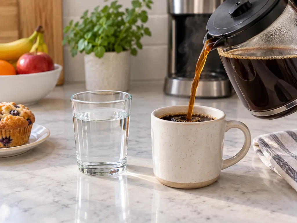 Coffee poured into a mug beside a glass that suggests serving size.
