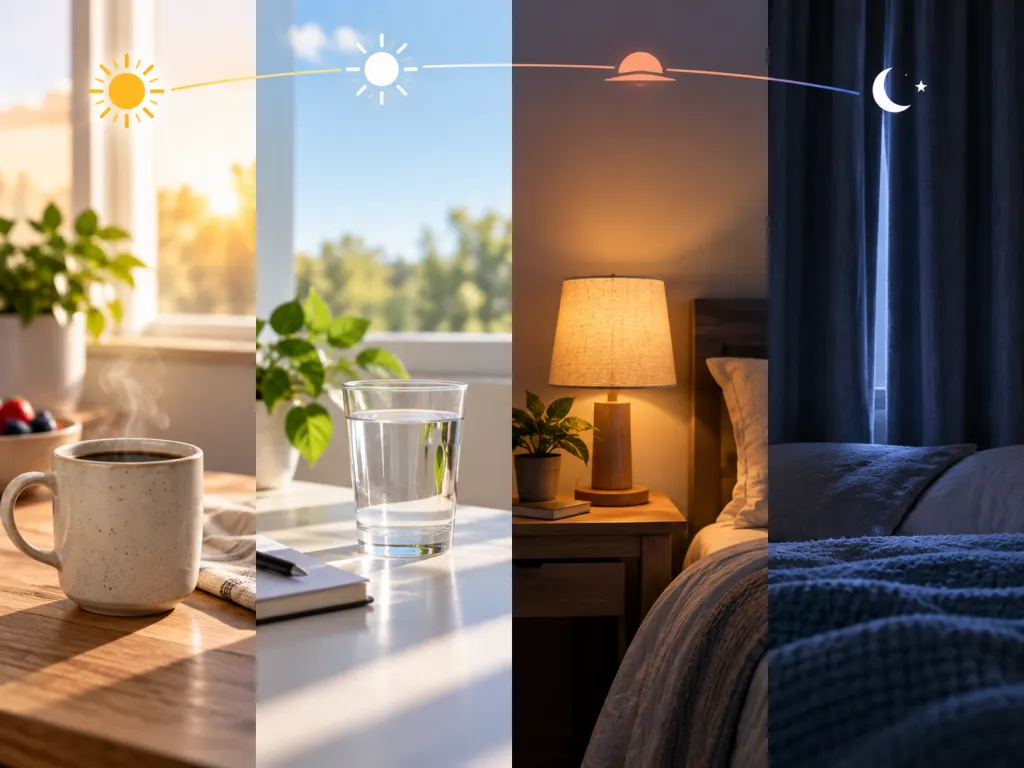 Objects representing morning coffee, afternoon hydration, and evening sleep timing.