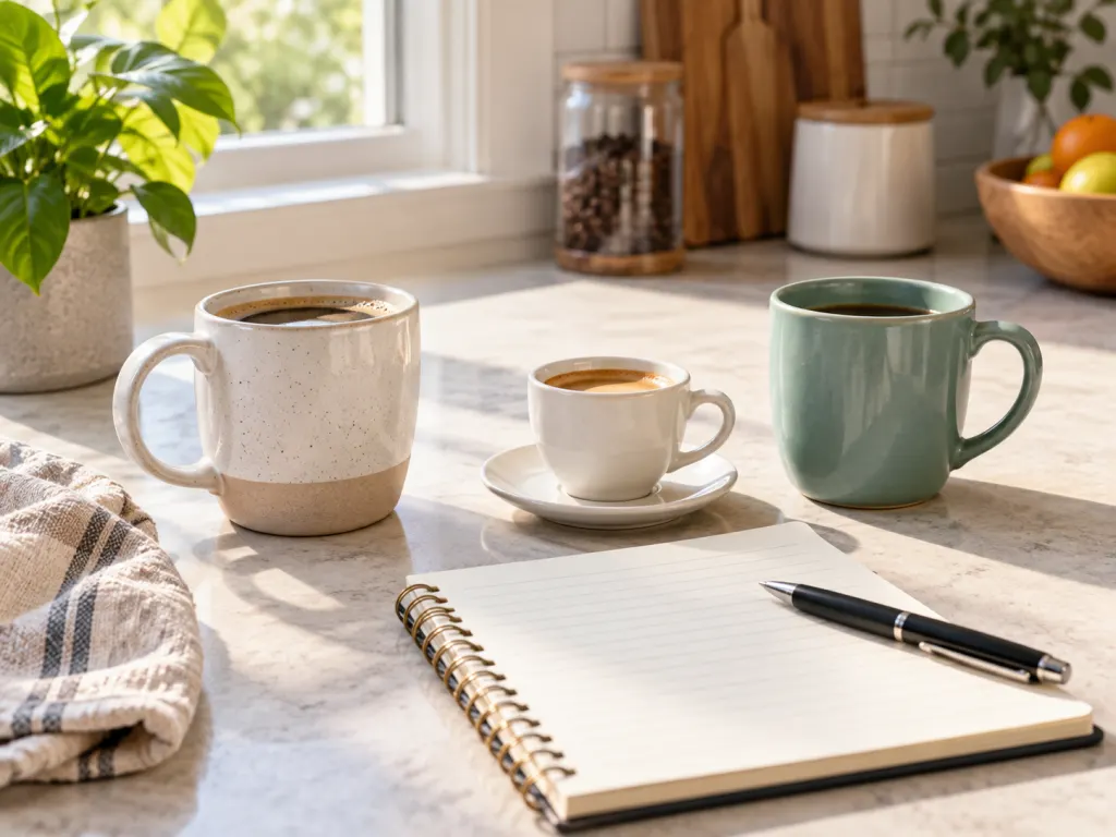 Different coffee cups and a blank notebook arranged for comparing a coffee routine.
