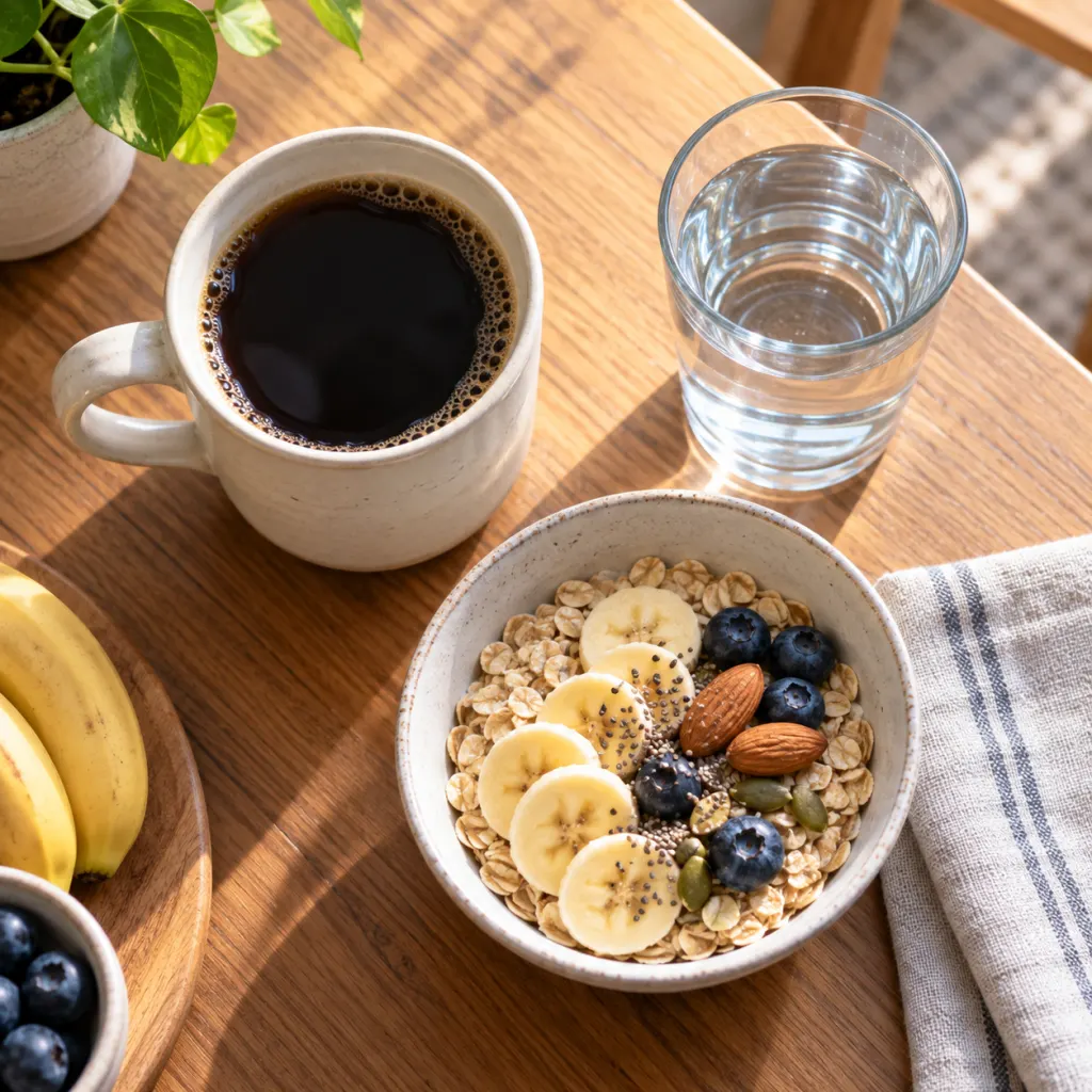 A plain mug of morning coffee beside breakfast and water on a kitchen table.