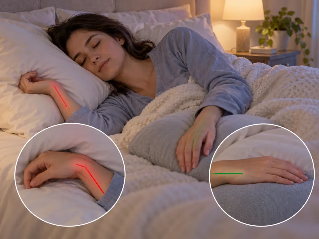 Person adjusting a bent wrist into a neutral sleeping position to reduce pressure on the hand.