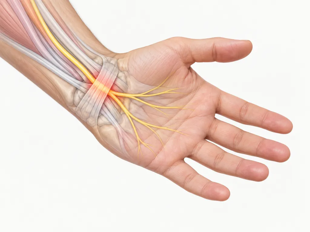 Educational illustration of the wrist and median nerve area related to carpal tunnel symptoms.