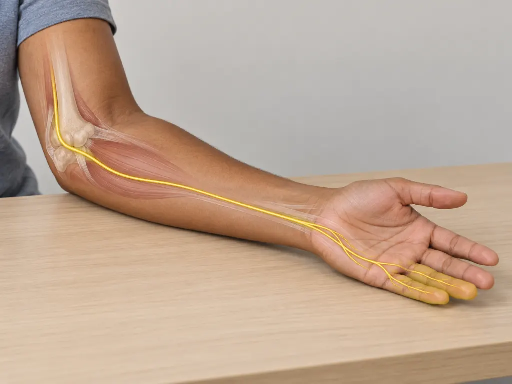 Illustration showing the ulnar nerve path from the elbow toward the ring and little fingers.