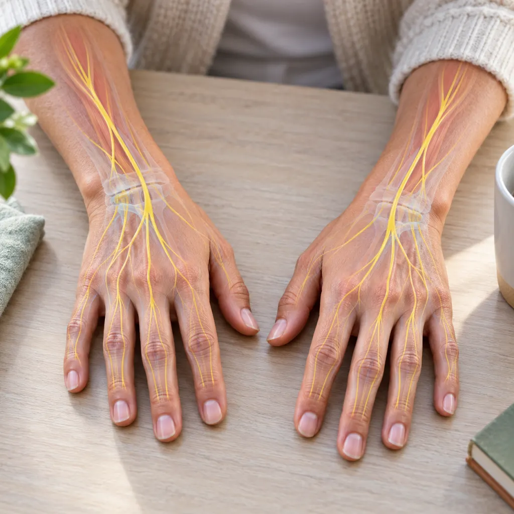 Calm illustration of hands with subtle nerve pathways highlighting possible causes of numbness.