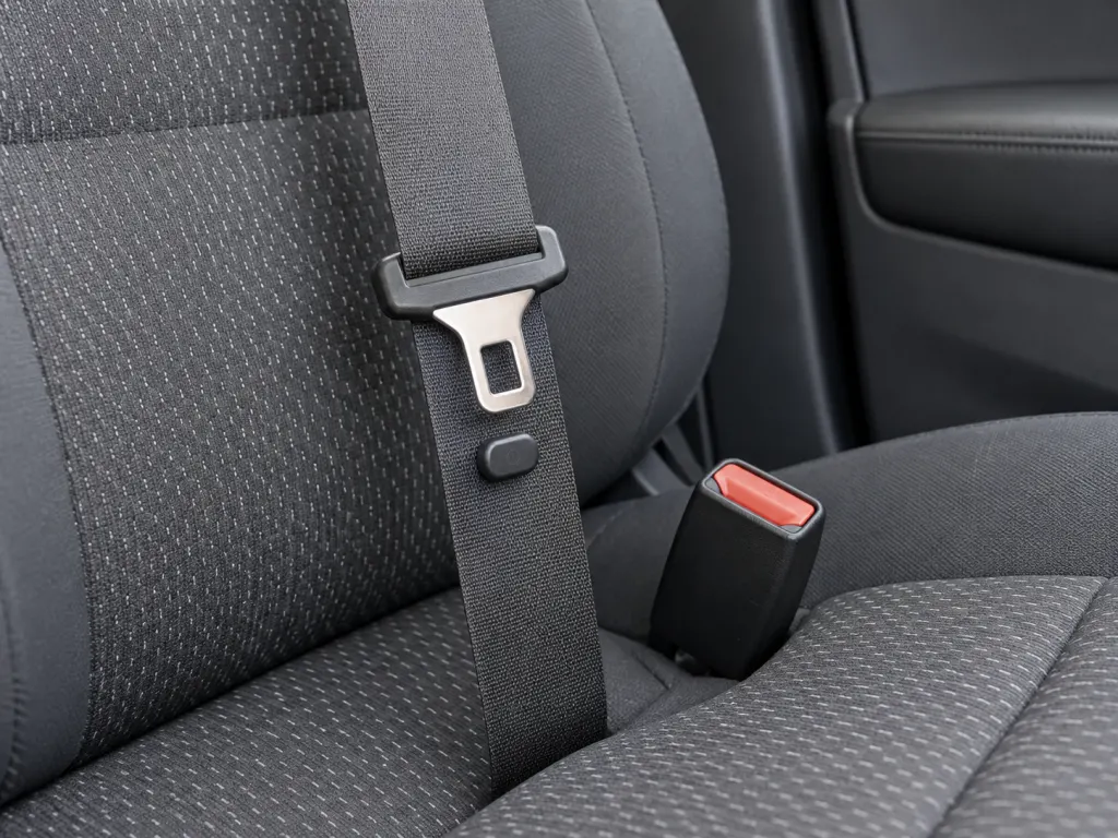 Seat belt latch plate resting above the small stop button near a front seat.