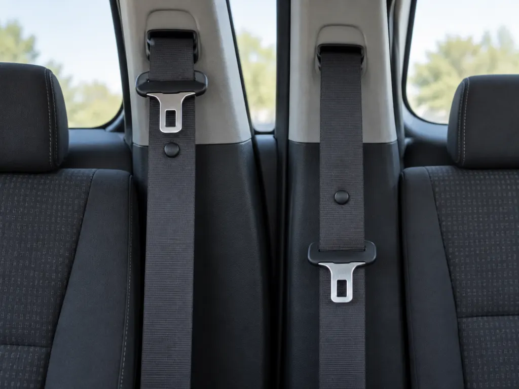 Two seat belts showing how the stop button keeps the latch plate within reach.
