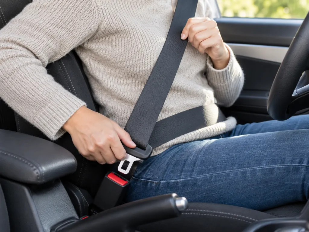 A person pulling a flat seat belt across the body with the stop button visible.