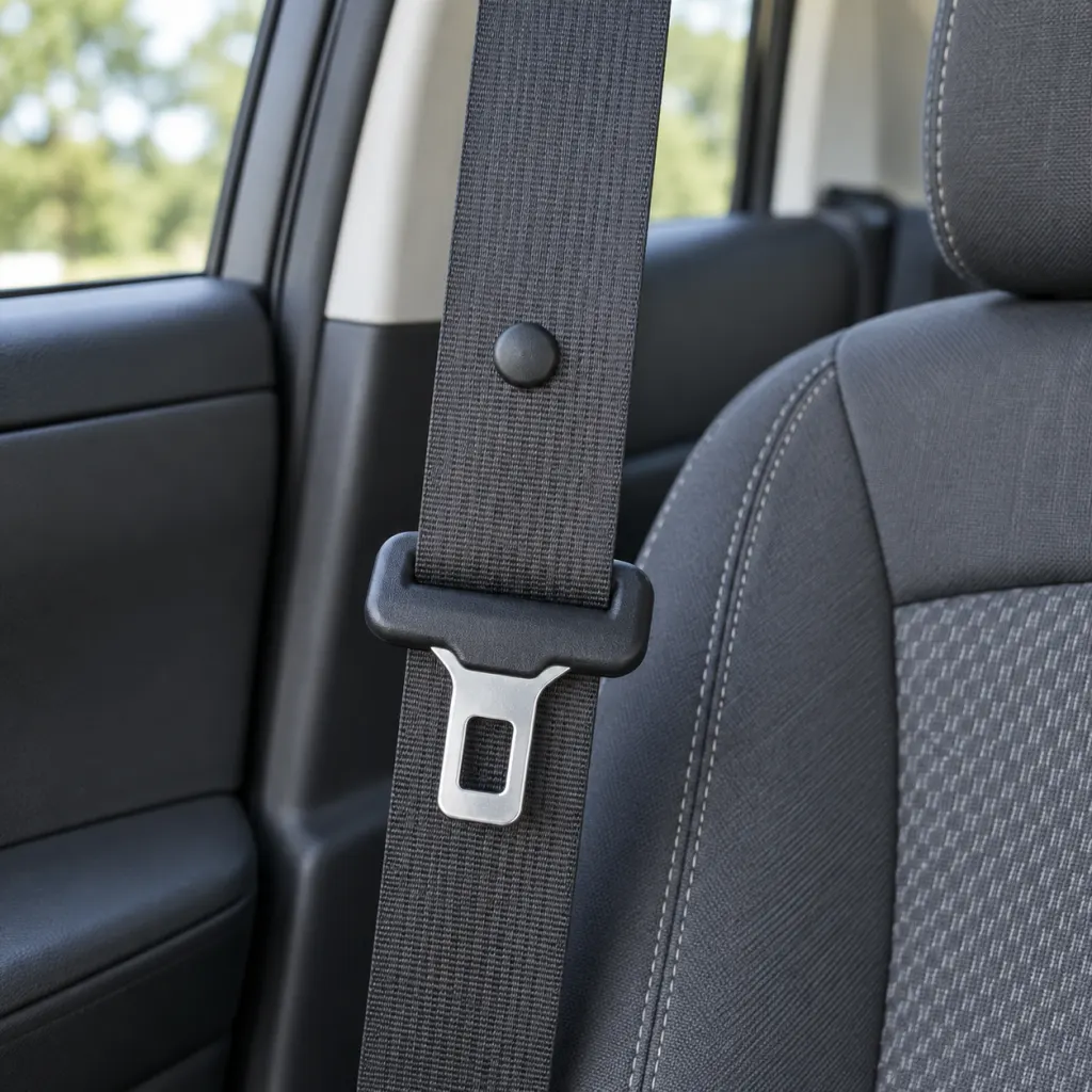 Close-up of a seat belt stop button holding the latch plate in place.