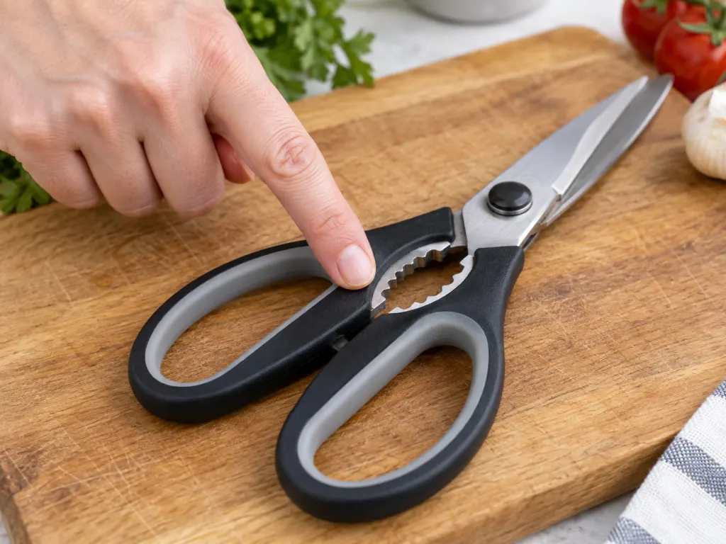 A hand indicates the toothed gripper between the handles of kitchen scissors.