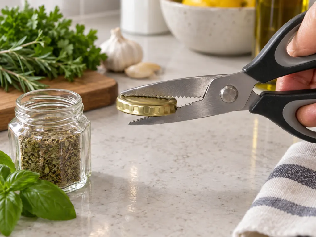 Kitchen scissors use the serrated notch to grip a small cap on a counter.