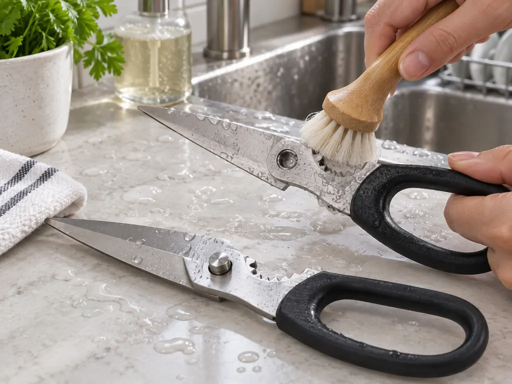 Separated kitchen scissors are cleaned with a brush around the serrated notch and pivot.