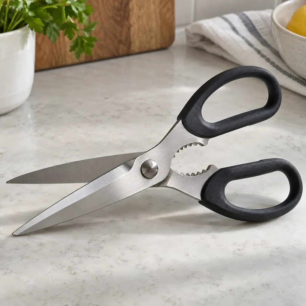 Close-up of kitchen scissors showing the serrated gripping notch near the pivot.