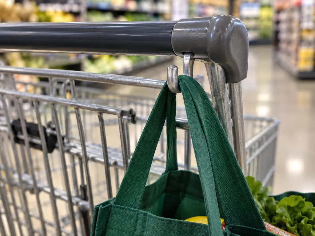 Close-up of a shopping cart hook holding a reusable bag handle.