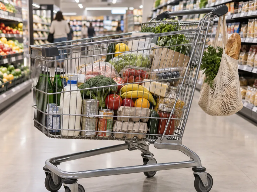 A grocery cart with heavy items in the basket and light groceries hanging from the hook.
