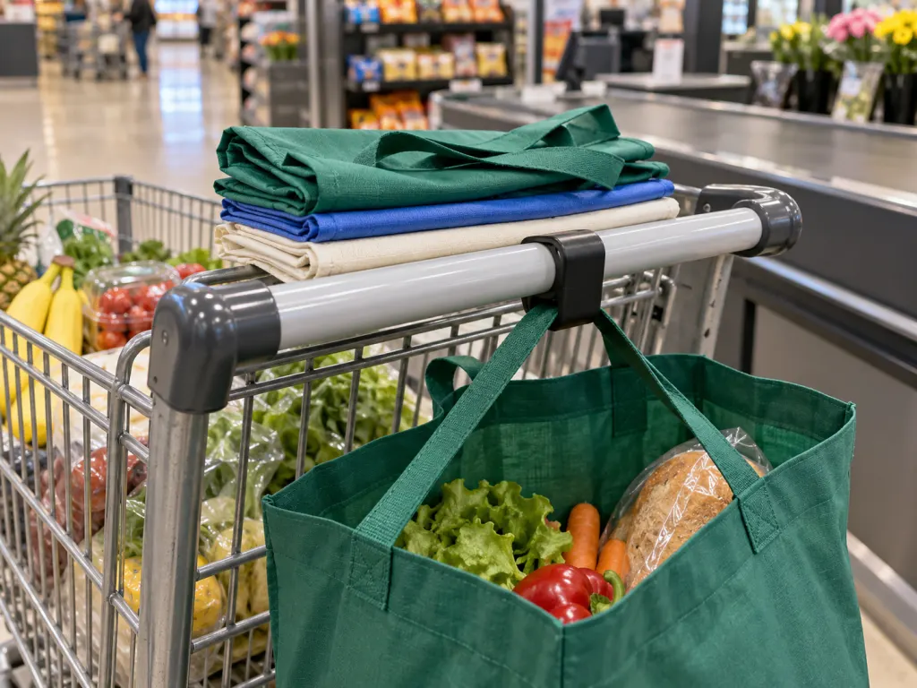 Reusable bags arranged near a shopping cart handle with one bag supported by the hook.