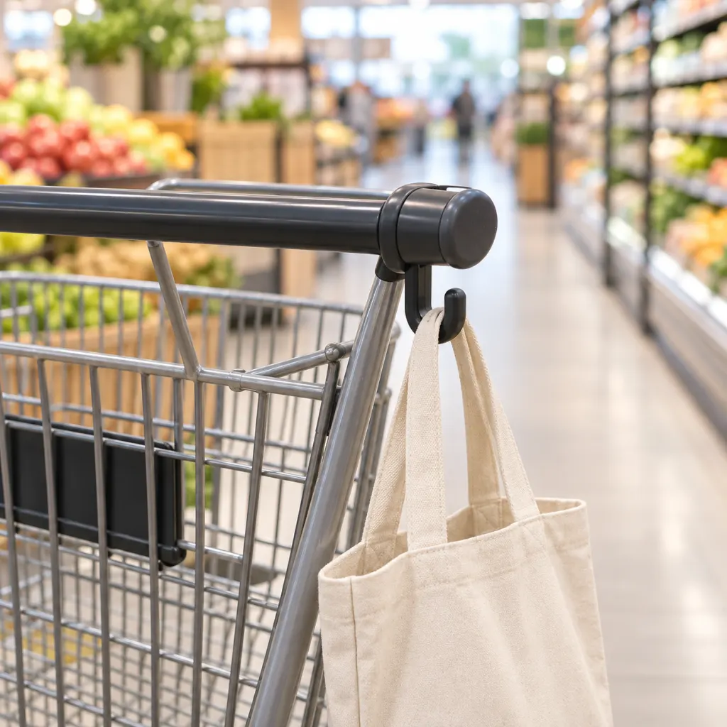 A reusable canvas bag hanging from the small hook near a shopping cart handle.