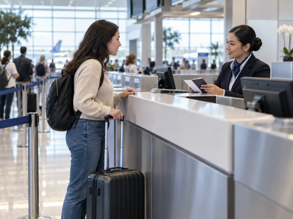 Traveler receiving help at an airport check-in counter with carry-on luggage nearby