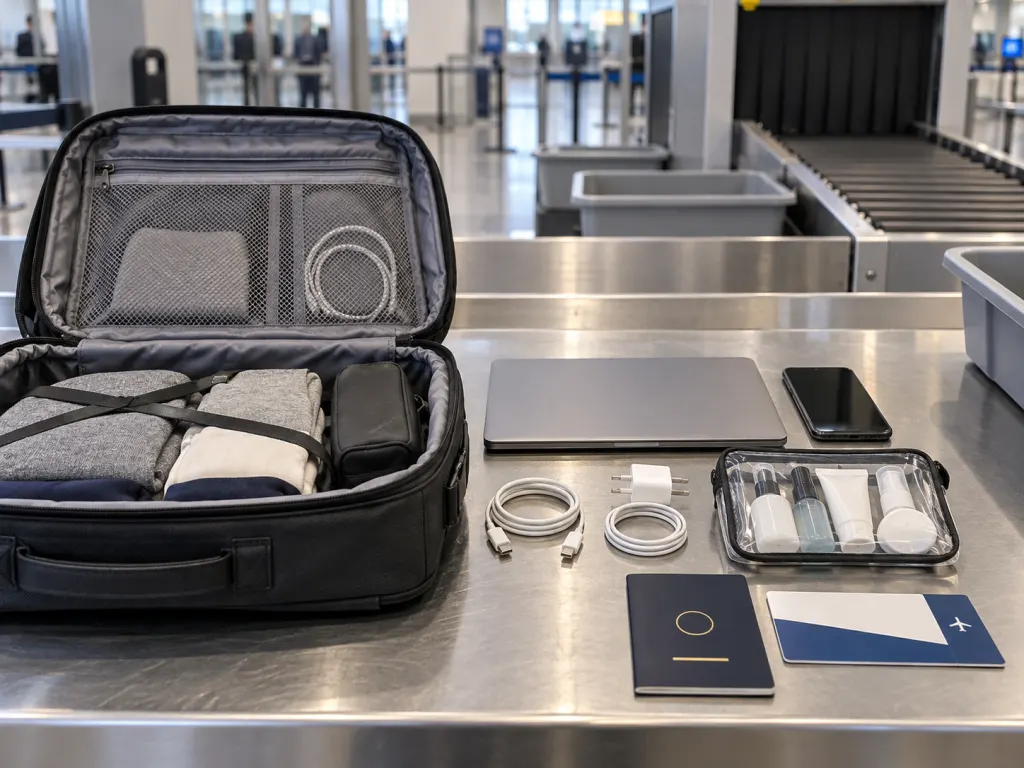 Organized carry-on bag with electronics and travel documents ready for airport screening