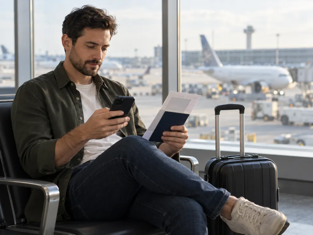 Traveler calmly reviewing travel documents near an airport window