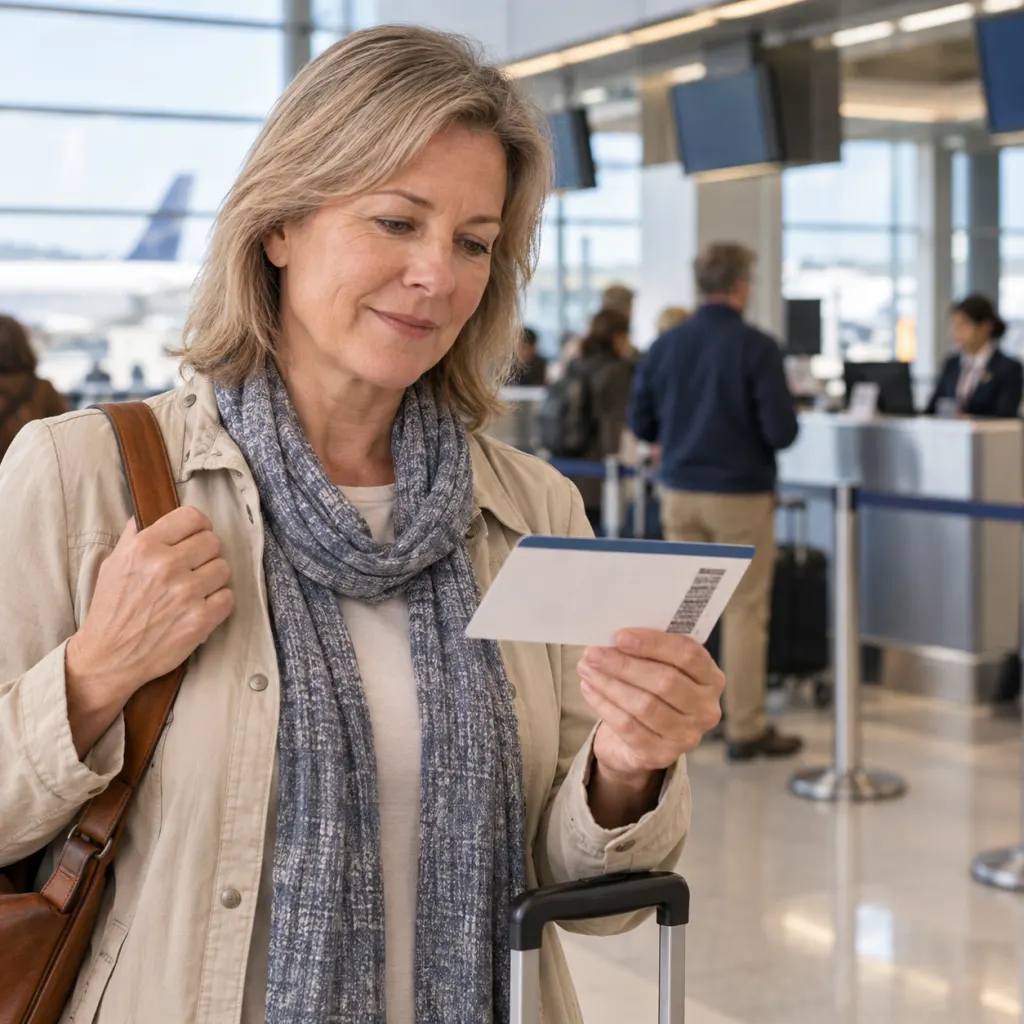 Traveler holding a generic boarding pass in a calm airport check-in area