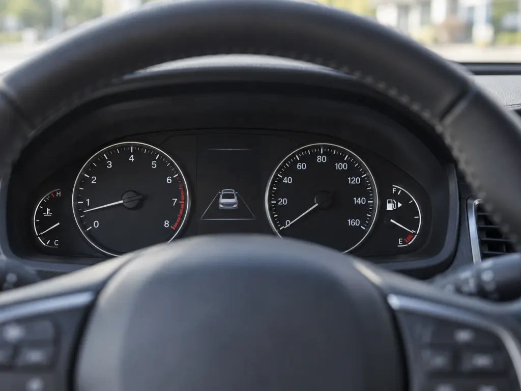 Driver-seat view of a dashboard where the fuel gauge arrow can be seen before choosing a pump.