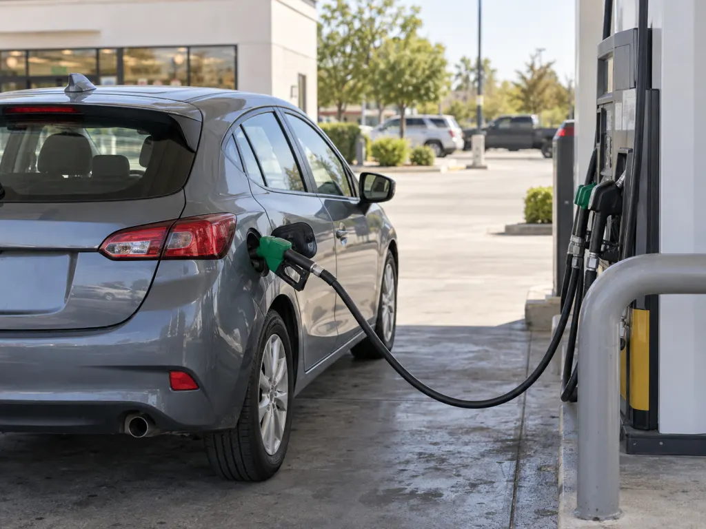 A car lined up beside a gas pump with the filler door close to the hose.