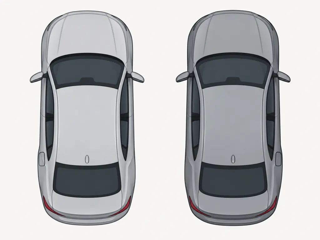 Two simplified cars viewed from above with fuel filler doors on different sides.