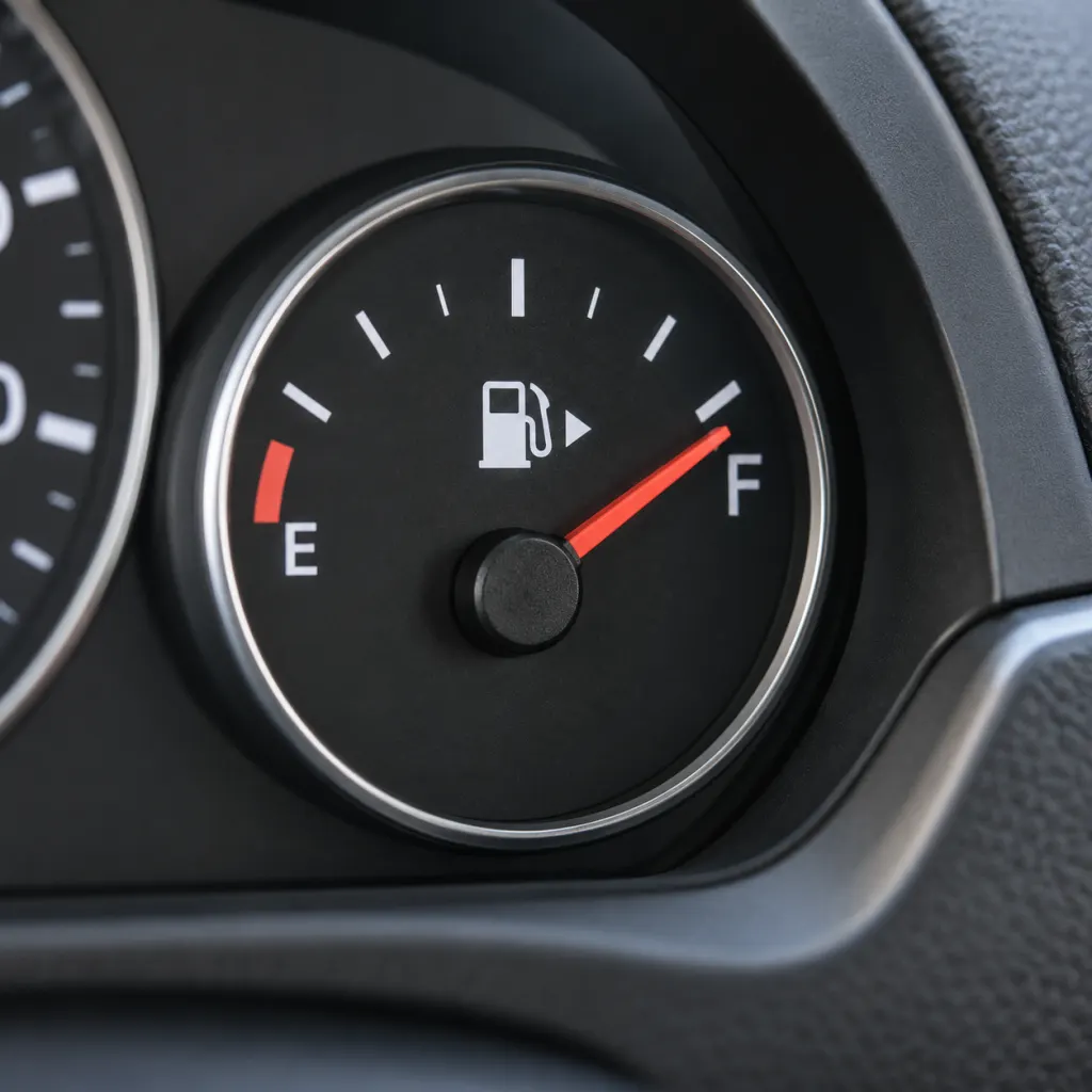 Close-up of a car fuel gauge with a small directional arrow beside the fuel pump icon.