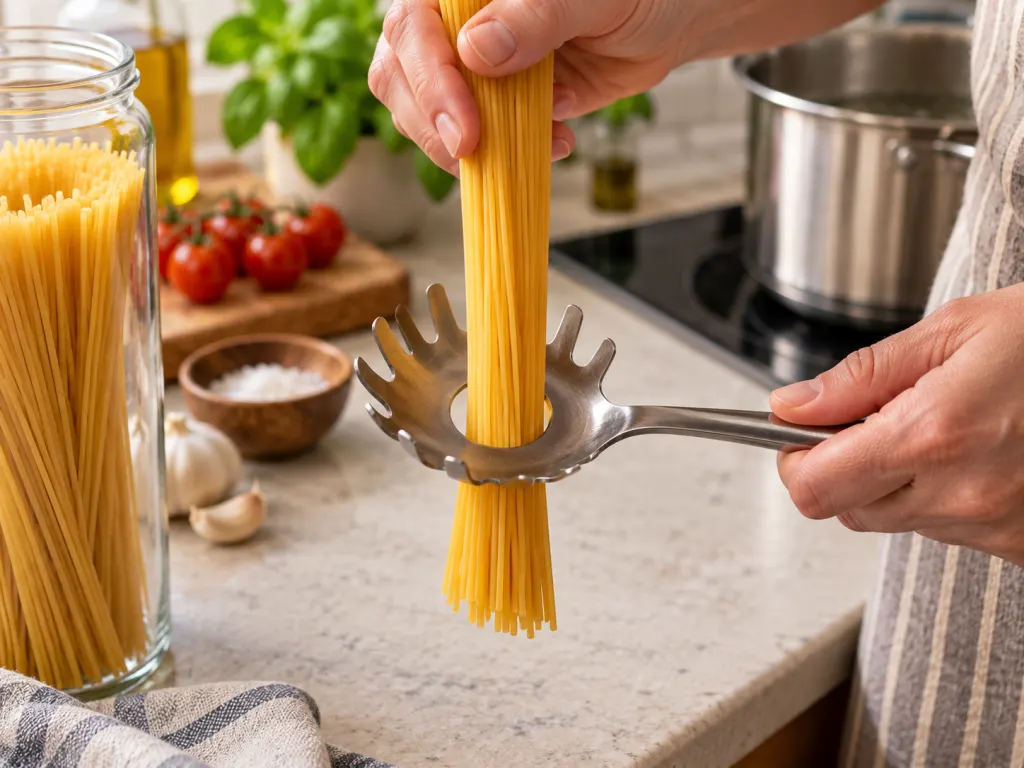 Dry spaghetti being measured through the hole of a pasta server.