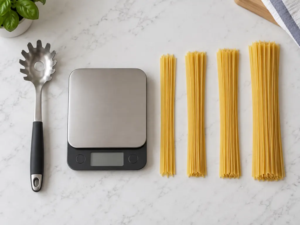 A pasta server, kitchen scale, and dry spaghetti bundles arranged for measuring.