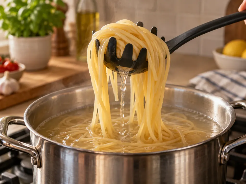 A pasta spoon lifting cooked spaghetti while water drains through the center hole.