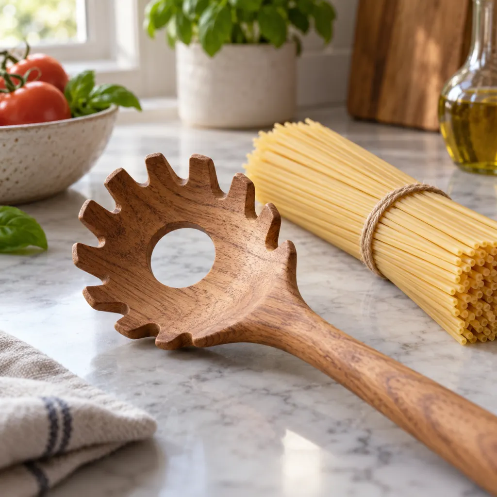 A wooden pasta spoon with a center hole beside a bundle of dry spaghetti.
