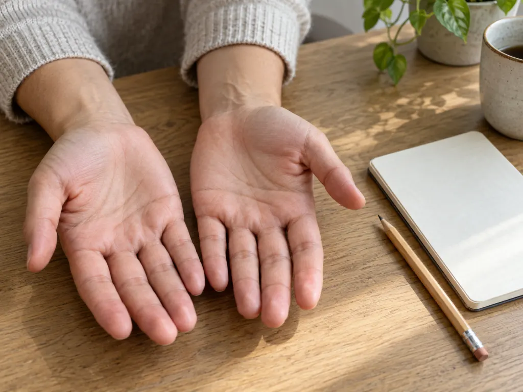Two open hands on a table beside a notebook, showing natural palm line variation.