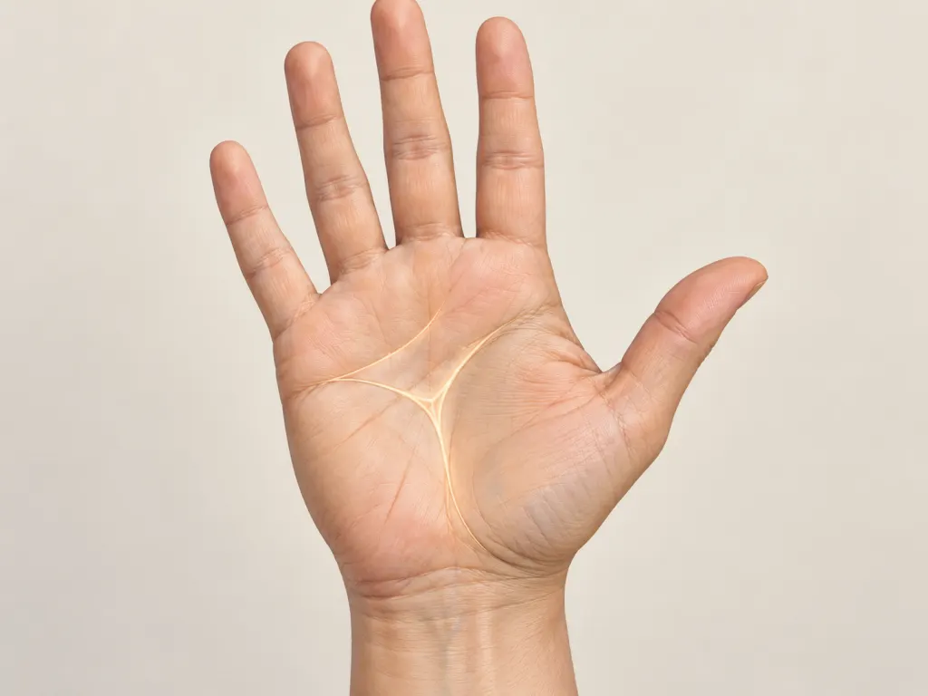 A calm illustration of palm creases meeting to suggest an M shape.