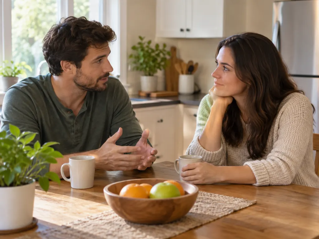 A couple having a calm conversation at a table with relaxed hands visible.