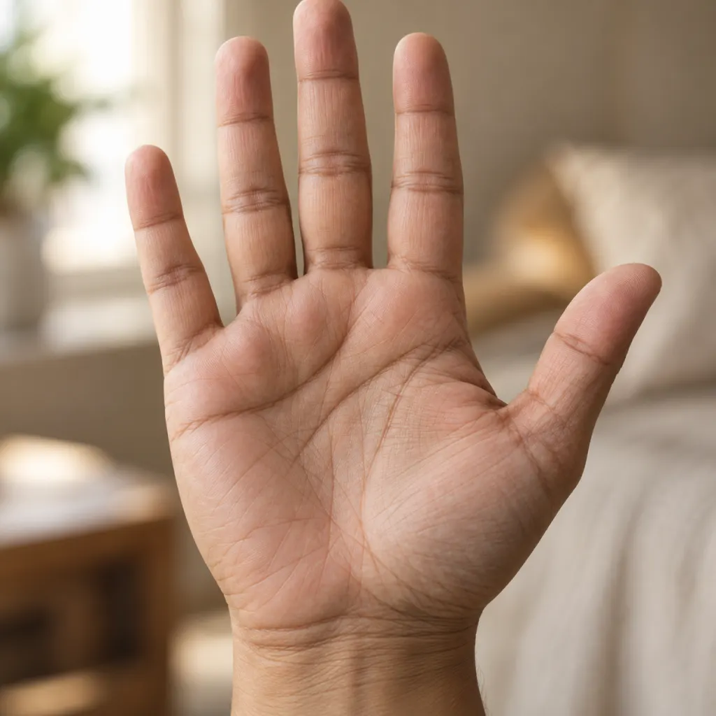 A relaxed open palm with natural creases forming a subtle M shape.
