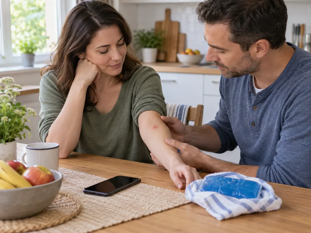 A person calmly checks another adult's forearm with a cold pack ready nearby.