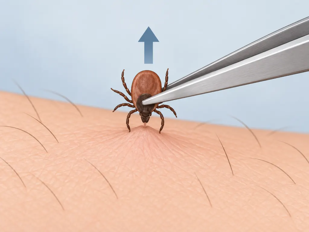 An educational illustration showing tweezers placed close to the skin for tick removal.
