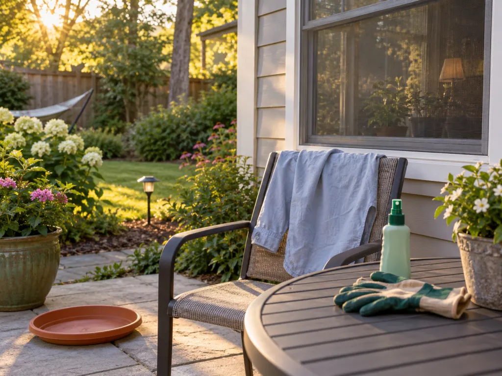 A tidy garden area with screened window, emptied saucer, long sleeves, gloves, and insect repellent.
