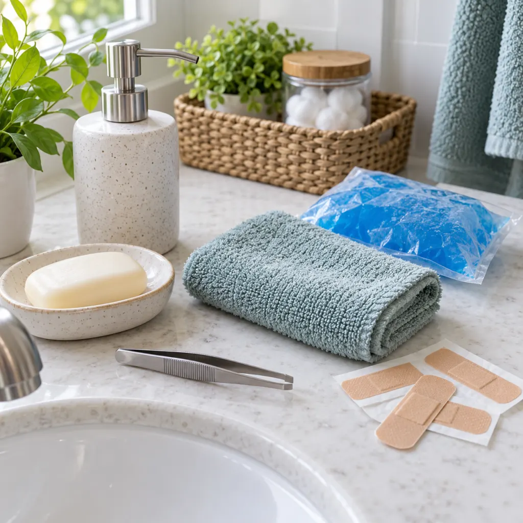 A clean home first-aid setup with tweezers, soap, cold pack, towel, and bandages.