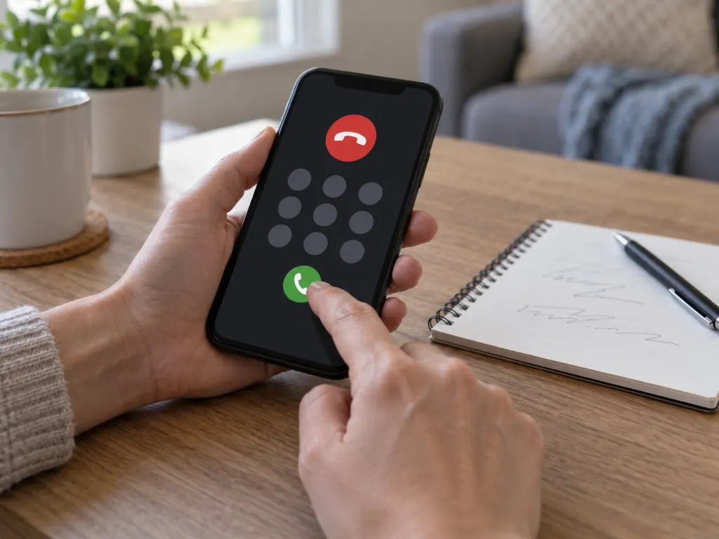 A hand using a smartphone to call for emergency help on a clear table.