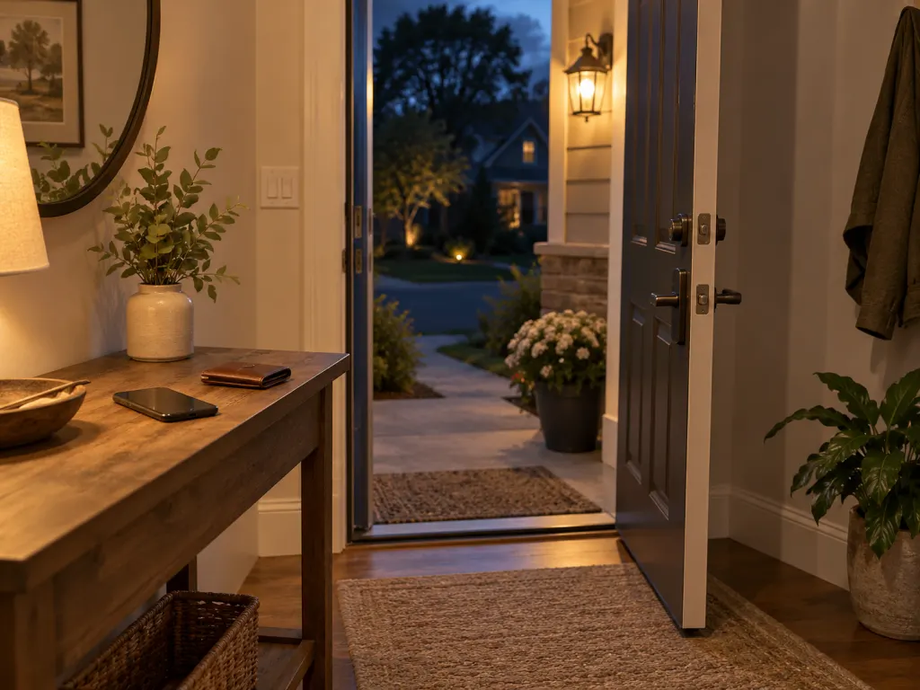 An unlocked front door with a phone and wallet nearby for emergency responders.