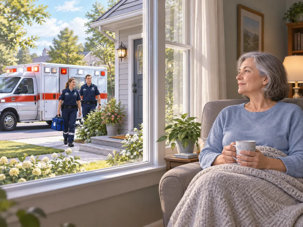 An ambulance arriving at a home while a person waits safely inside.