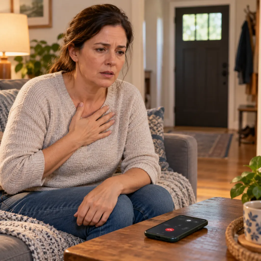 A person sitting at home with a phone on speaker while seeking emergency help.