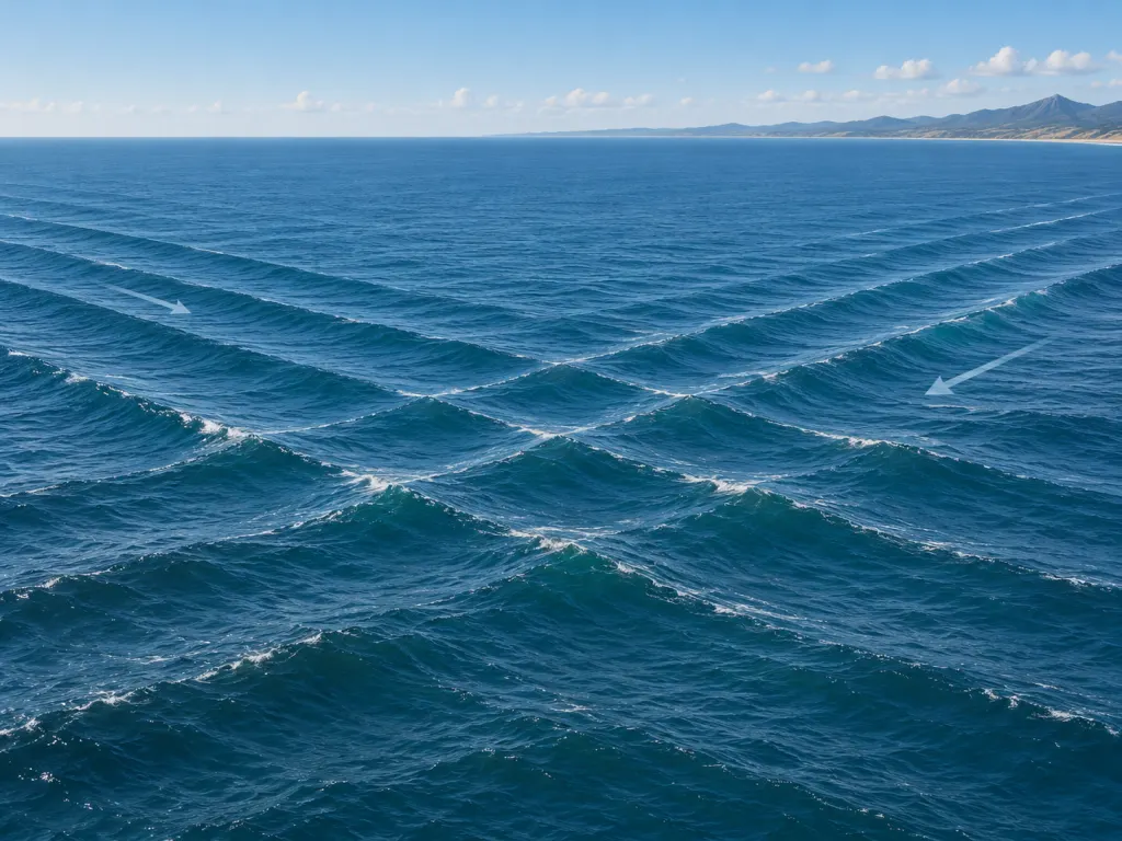 Illustration of two ocean swell patterns crossing each other near a shoreline.